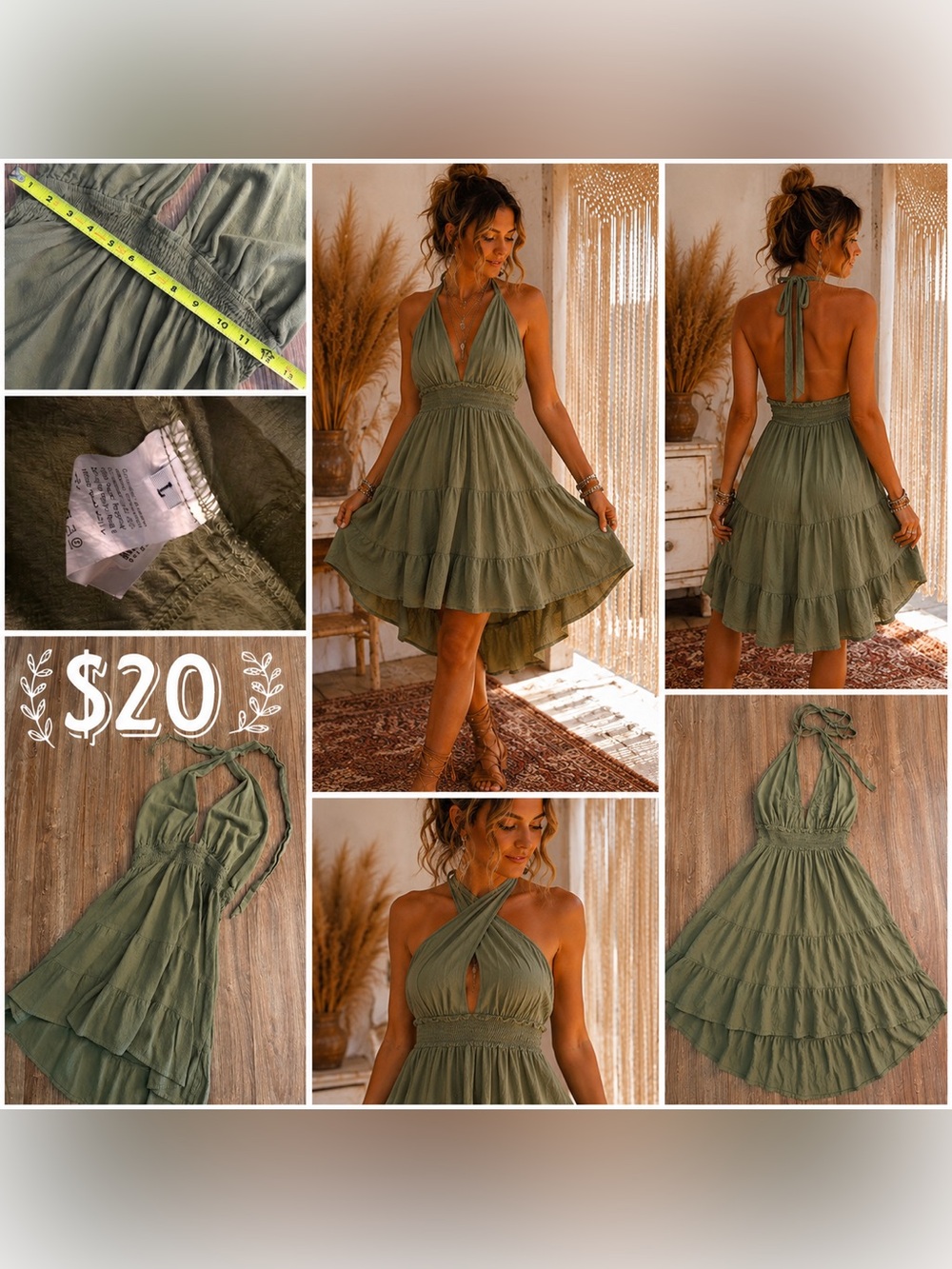 Smocked Halter High-Low Dress in Olive Green